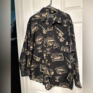 Field & Stream XL Mens Long Sleeve Button Down Cotton Shirt Fish Pattern Black